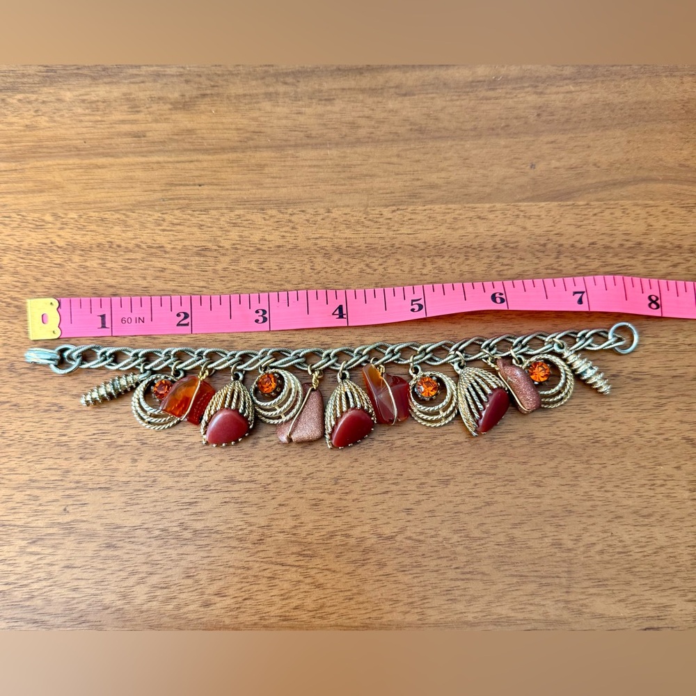 Vintage MCM Dangling Charm Bracelet Chunky Orange Rhinestones Goldstone 60’s - Picture 9 of 10